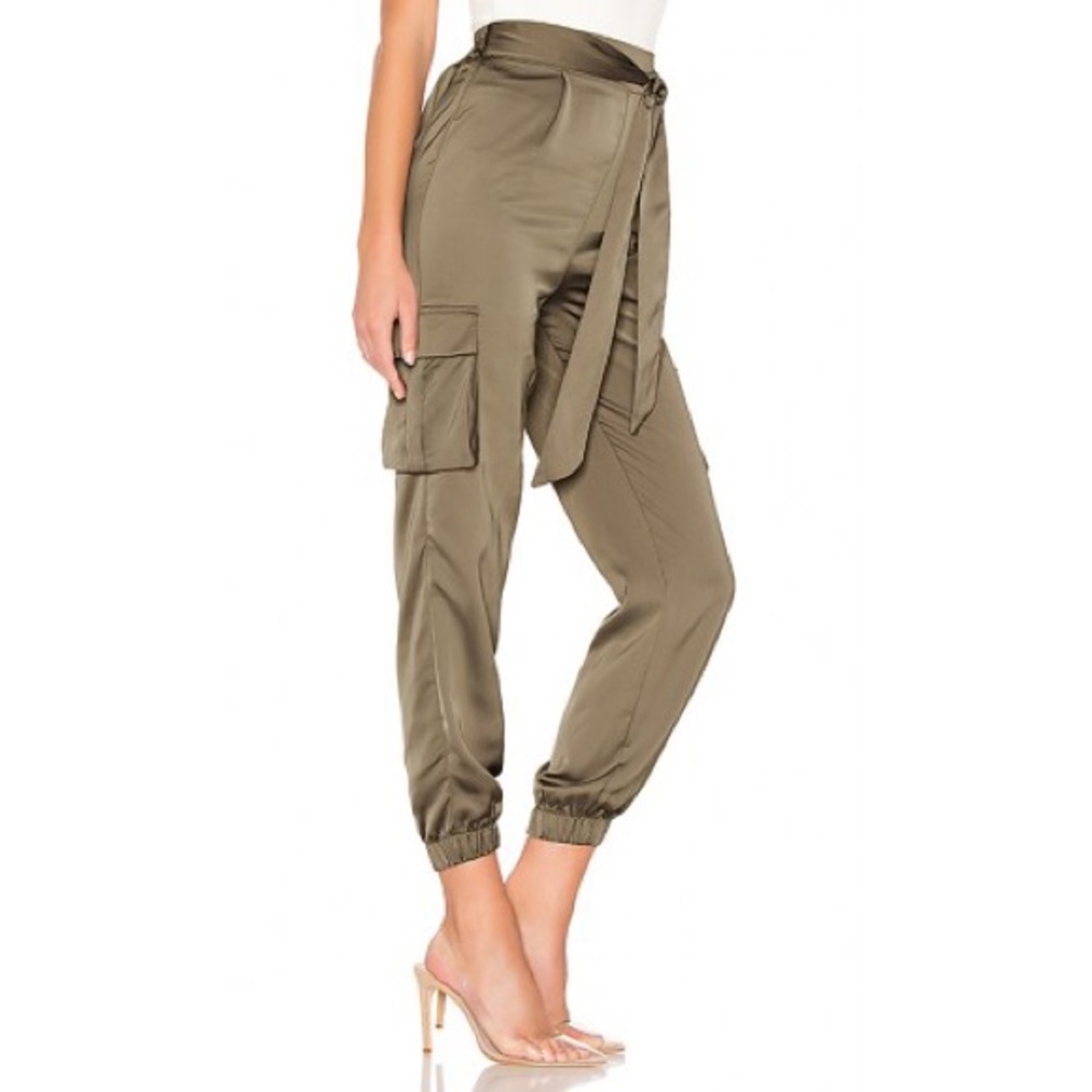 Revolve Army Green Satin Cropped Pants NEW Medium
